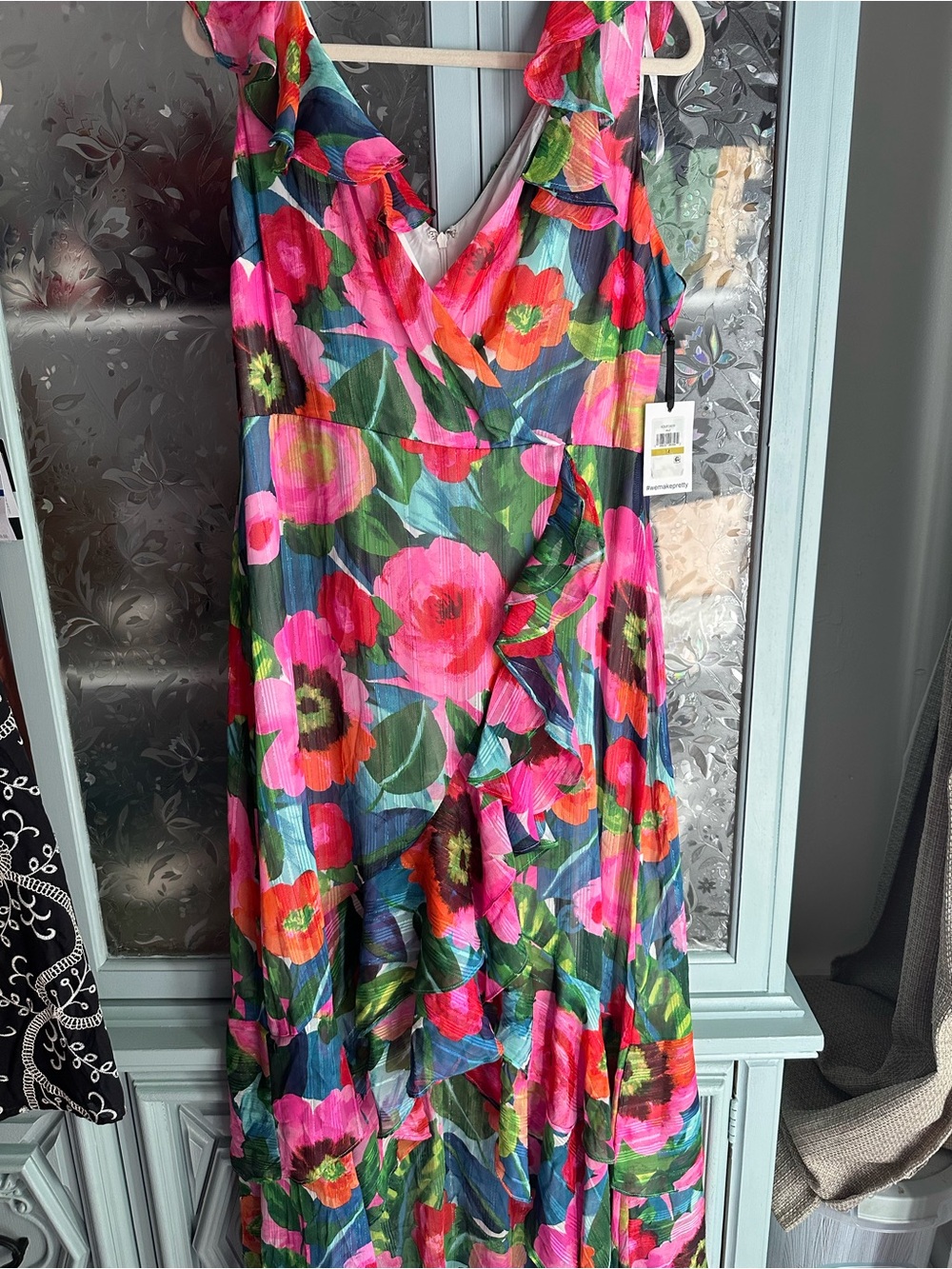 Kensie Pink & Green Floral Ruffle Wrap Maxi Dress